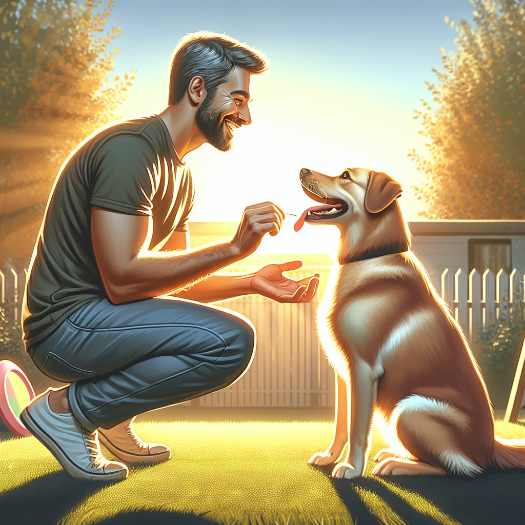 Eine sonnige Trainingsszene im Freien mit einem glücklichen Hund
